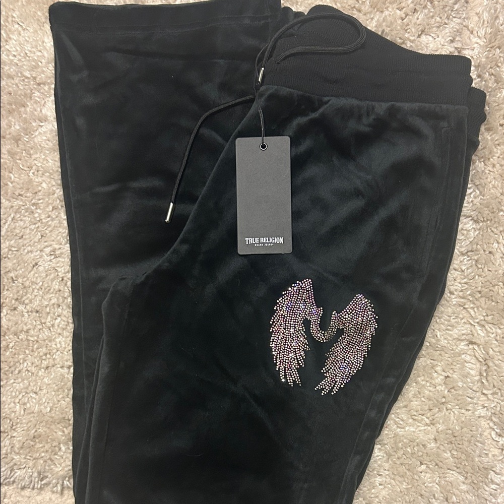 True Religion Black Velour Joggers with Rhinestone Detail
